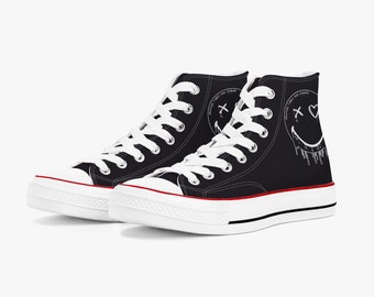 Black Woman Converse, Happy Face Sneakers, Smiley Face Trainers, Playful Face Design Footwear, Women's High-Top Shoes.
