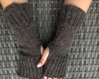 Grey alpaca wool knitted fingerless mittens Knit finger less gloves 100% alpaca wool arm warmers Fingerless mittens