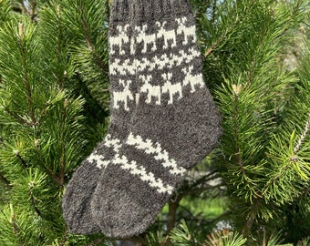 Winter cozy warm socks 100% organic alpaca wool socks Hand knit socks with deer