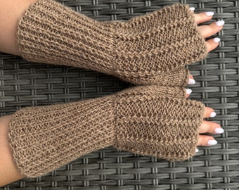 Alpaca wool knitted fingerless mittens Knit finger less gloves 100% alpaca wool arm warmers Fingerless mitts