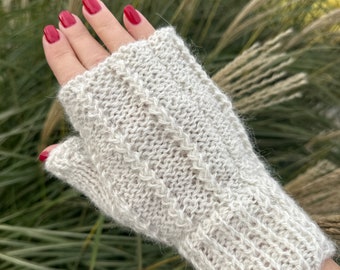 Manoplas sin dedos de punto de lana de alpaca Guantes sin dedos de punto Calentadores de brazos 100% lana de alpaca Mitones sin dedos Listos para enviar