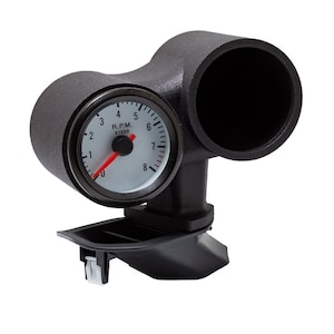 May include: Black plastic gauge mount with a white gauge face that reads "R.P.M. x1000". The gauge has a red needle and black numbers. The mount has two empty circular openings.
