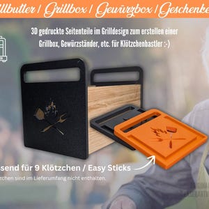 Könnte beinhalten: Schwarze und orangefarbene Grillbox-Komponenten mit Griff, mit einem Logo aus Spatel und Gabel. Das Bild enthält Text auf Deutsch, der darauf hinweist, dass das Produkt zum Erstellen einer Grillbox oder eines Gewürzständers dient.