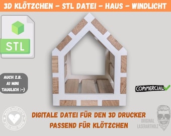 Puede incluir: Un diseño en forma de casa de madera y blanco, apto para impresión 3D. La imagen incluye el texto "3D KLÖTZCHEN - STL DATEI - HAUS - WINDLICHT" y "DIGITALE DATEI FÜR DEN 3D DRUCKER".