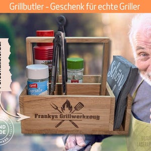 Grillbutler aus Holz personalisiert – Geschenk für Grillmeister + Männer – BBQ Organizer für Grillbesteck & Soßen – Grill Zubehör Unikat