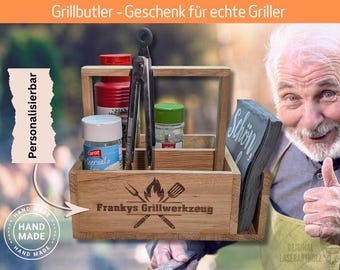 Grillbutler aus Holz personalisiert – Geschenk für Grillmeister + Männer – BBQ Organizer für Grillbesteck & Soßen – Grill Zubehör Unikat