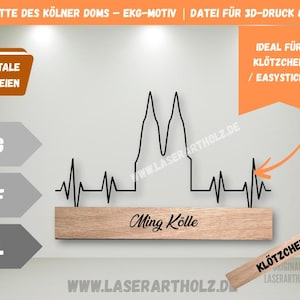 May include: A black line drawing of the Cologne Cathedral with a heartbeat design, mounted on a wooden base. The text "Ming Kölle" is on the base. The image also includes digital file formats and the text "Ideal für Klötzchen / Easysticks".