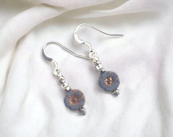 delicate contemporary matt blue/grey & gold flower drop earrings