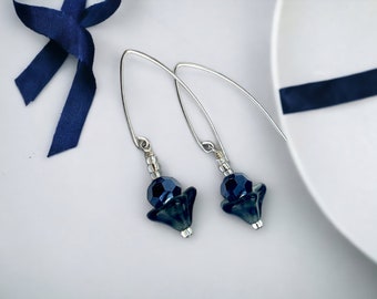 beautiful navy crystal drop earrings on handmade sterling silver earwires