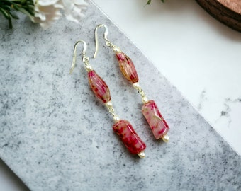 marbled pink drop earrings with tiny cream faux pearls