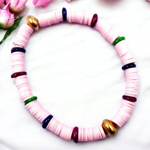 pale pink heishi disc bracelet with vibrant focals