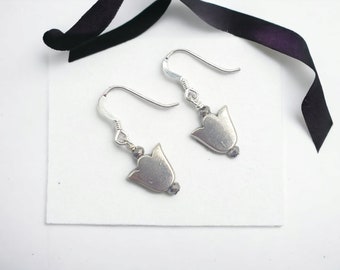 silver tulip & tiny silver crystal drop earrings