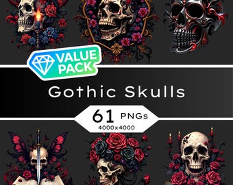 May include: A collection of gothic skull designs. The image features six skull illustrations with intricate details, surrounded by roses and decorative elements. The text "Gothic Skulls" and "Value Pack" are also present.