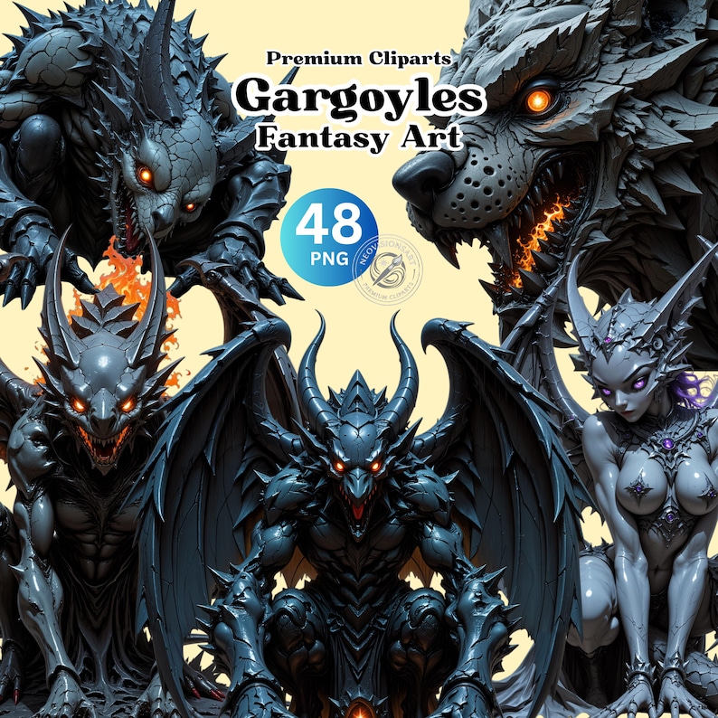 Dark Fantasy Gargoyle Clipart Bundle, Stone Guardian Illustrations (48 ...