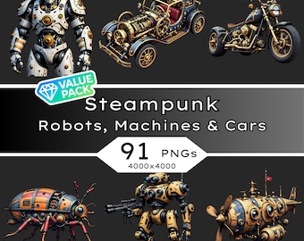 91 Steampunk Robot Car Clipart, Brass Automaton PNGs (Digital Download)
