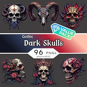 Può includere: Una collezione di sei design di teschi gotici scuri in vari stili. L'immagine include teschi con corna, corone ed elementi floreali. È presente anche il testo "Gothic Dark Skulls" e "96 PNGs", insieme a un adesivo "Value Pack".
