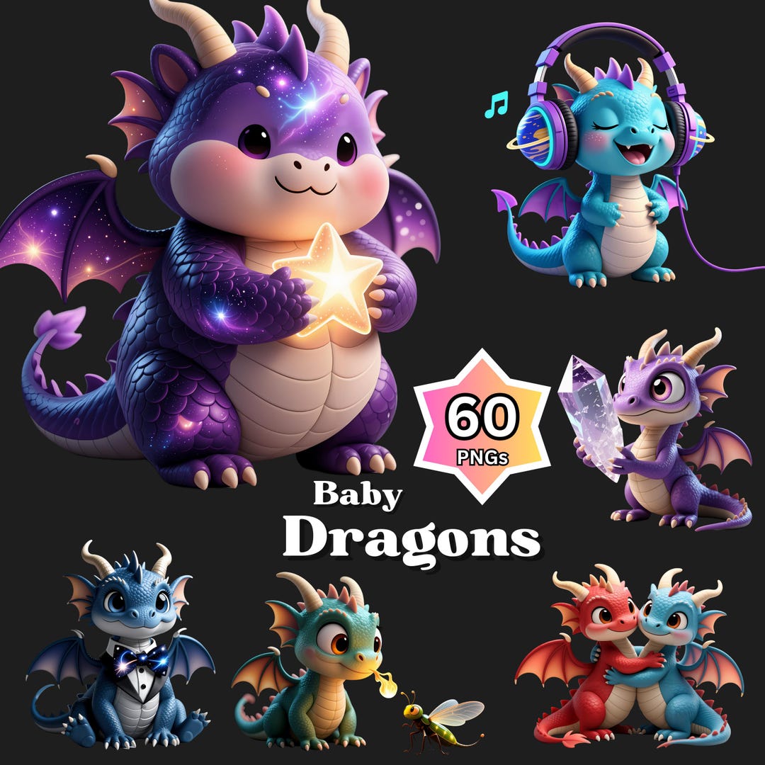 Cute Baby Dragon Clipart Bundle, 3D Kawaii Fantasy PNG, Nursery ...