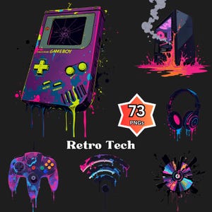 Könnte beinhalten: Illustrationen von Retro-Technik in leuchtenden Neonfarben. Das Bild zeigt einen Gameboy, einen Computerturm, Kopfhörer, einen Gamecontroller, ein Wi-Fi-Symbol und eine CD. Der Text "Retro Tech" ist zu sehen, und ein Badge zeigt "73 PNGs".
