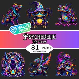 81 Psychedelic Reptile & Amphibian Clipart PNGs • Chameleon Snake Frog Gecko Turtle Lizard Dino Trippy Neon Animal for Print on Demand DTF