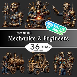 Puede incluir: Imagen de arte digital con mecánicos e ingenieros steampunk. La imagen muestra seis ilustraciones de figuras metálicas detalladas en varias poses, incluyendo soldadura y operación de maquinaria. También es visible el texto "Steampunk Mechanics & Engineers" y "36 PNGs".
