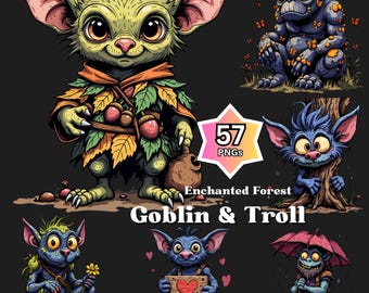 57 Whimsical Goblin and Troll Clipart, Fantasy Creatures (PNG Digital Download)