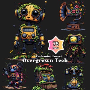 May include: Digital illustration featuring several whimsical, overgrown tech designs. A yellow and black robot is covered in greenery. Other designs include a gramophone, a TV, a cash register, a mouse-like robot, and a telephone. The text "Enchanted Forest Overgrown Tech" is displayed.