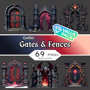 Könnte beinhalten: Eine Sammlung von sechs digitalen Illustrationen gotischer Tore und Zäune. Die Bilder zeigen aufwendige Designs in dunklen Farben, darunter Rot, Schwarz und Grau. Der Text auf dem Bild lautet "Gothic Gates & Fences" und "69 PNGs 4000x4000". Ein "Value Pack"-Aufkleber ist ebenfalls vorhanden.