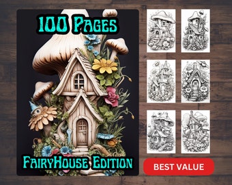 Op de afbeelding: Een kleurboekomslag met een fantasierijk sprookjeshuis gebouwd in een paddenstoel met bloemen en wijnstokken. De tekst op de omslag luidt "100 Pages Fairy House Edition" en "Beste waarde".