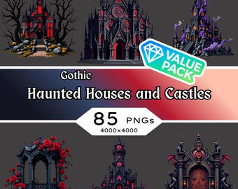 May include: A digital art collection featuring Gothic haunted houses and castles. The image showcases various illustrations of spooky architecture, with red and purple accents. The text reads "Gothic Haunted Houses and Castles" and "85 PNGs 4000x4000".