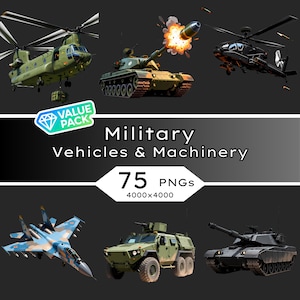 Könnte beinhalten: Eine digitale Illustration mit verschiedenen Militärfahrzeugen und -maschinen. Das Bild zeigt einen grünen Hubschrauber, einen Panzer, der eine Granate abfeuert, einen schwarzen Hubschrauber, ein Kampfflugzeug, ein grünes gepanzertes Fahrzeug und einen schwarzen Panzer. Text: "Military Vehicles & Machinery" und "75 PNGs 4000x4000".