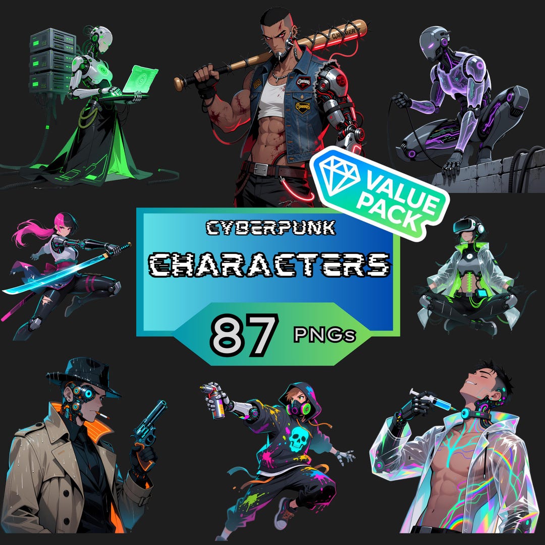 87 Cyberpunk Character Clipart PNG Bundle Neon Street Samurai Netrunner ...