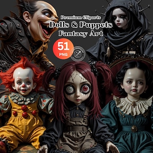 Può includere: Illustrazione digitale con bambole e burattini fantasy. L'immagine include una bambola clown, una bambola con grandi occhi e altri personaggi in stile gotico. Il testo recita "Premium Cliparts Dolls & Puppets Fantasy Art" con una grafica "51 PNG".