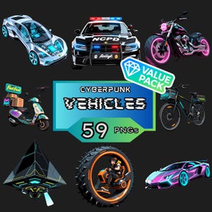 Puede incluir: Ilustración digital con varios vehículos cyberpunk, incluyendo un coche futurista, coche de policía, motocicleta, scooter, bicicleta, aeronave en forma de pirámide, vehículo de una rueda y coche deportivo. El texto "CYBERPUNK VEHICLES 59 PNGS" y una etiqueta "VALUE PACK".