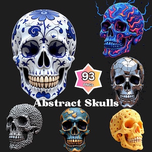 Op de afbeelding: Collectie abstracte schedelontwerpen in diverse stijlen. Bevat een witte schedel met blauwe bloempatronen, een blauwe schedel met vlamachtige details en een zilveren gebarsten schedel. De tekst "Abstract Skulls" en "93 PNGs" is ook aanwezig.