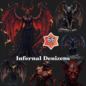 May include: Digital art featuring six illustrations of demonic figures with horns, wings, and fiery accents. The figures are in various poses, with a central image of a winged demoness. The text "Infernal Denizens" and "66 PNGs" are also present.