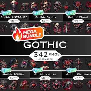 Könnte beinhalten: Ein digitales Kunstpaket mit gotischen Bildern, darunter Schädel, Rosen, Herzen, Antiquitäten, Bücher und andere Elemente. Der Text auf dem Bild lautet "MEGA BUNDLE GOTHIC 342 PNGs".