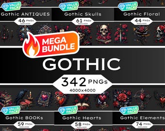 Gothic Clipart Bundle • Dark Romance Skulls, Floral PNG Graphics (Digital Download)