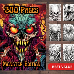200 Monster Coloring Pages | Greyscale Coloring Pages | Horror Coloring | Instant Download | Printable PDF