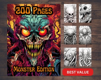 Pode incluir: Uma capa de livro com uma ilustração colorida de um crânio de monstro com olhos vermelhos brilhantes. O título "200 Pages Monster Edition" está impresso em amarelo e laranja. O texto "Melhor valor" está impresso em vermelho em um botão branco.