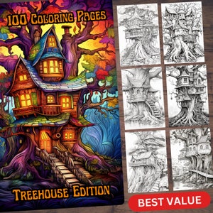 100 Mystical Treehouse Coloring Pages: Greyscale Illustrations (Printable PDF)