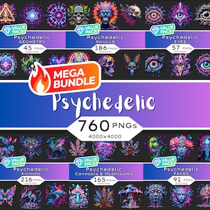 May include: A digital art bundle with psychedelic designs. The image displays categories such as geometry, skulls, eyes, animals, cannabis, mushrooms, and faces. The bundle contains 760 PNGs, each 4000x4000 pixels, with a 'Mega Bundle' label.