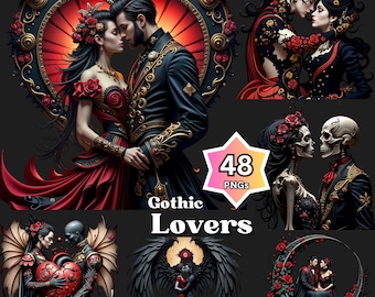 May include: A collection of gothic-themed images featuring couples in romantic poses. The images showcase dark attire, red roses, and heart-shaped elements. The text "Gothic Lovers" and "48 PNGs" are also present.