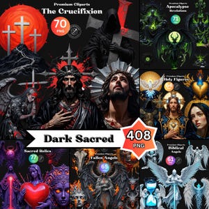 May include: A collection of digital art cliparts with religious themes. The image includes illustrations of Jesus, angels, and scenes from the Bible. The text includes "The Crucifixion", "Dark Sacred", and "Fallen Angels".