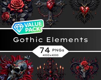 Paquete de imágenes prediseñadas góticas • 74 gráficos PNG de fantasía oscura (descarga digital)