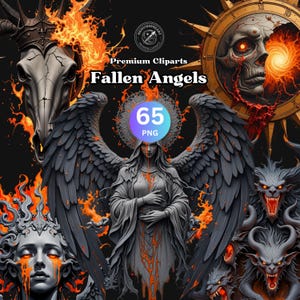 May include: Digital art featuring a collection of "Fallen Angels" cliparts. The image showcases various gothic and fantasy elements, including winged figures, skulls, and fiery accents. The color palette is primarily grayscale with vibrant orange and red highlights.