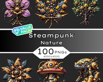 Steampunk Nature Clipart • 100 Brass Flora PNGs (Digital Download)