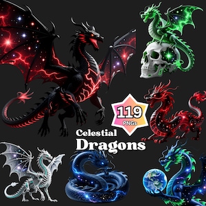 May include: A collection of digital art featuring various celestial dragons. The dragons are depicted in a variety of colors, including black, red, green, blue, and white. Some dragons have glowing accents and wings with star patterns. The image includes the text "Celestial Dragons" and "119 PNGs."