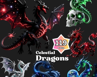 Celestial Dragon Clipart Bundle, Gothic Galaxy PNG (Digital Download)