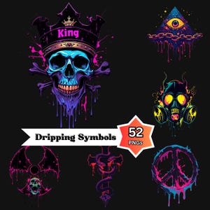 Pode incluir: Coleção de ilustrações digitais com símbolos gotejantes em fundo preto. Inclui uma caveira com coroa com a palavra "King", um olho dentro de uma pirâmide, uma máscara de gás, um símbolo da paz, uma cruz com uma cobra e um símbolo de radiação.