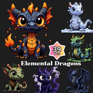 May include: Digital art featuring six cartoon dragons in various colors. The dragons have large eyes and are in different poses. The image includes the text "Elemental Dragons" and a starburst graphic with the number "39" and the word "PNGs".